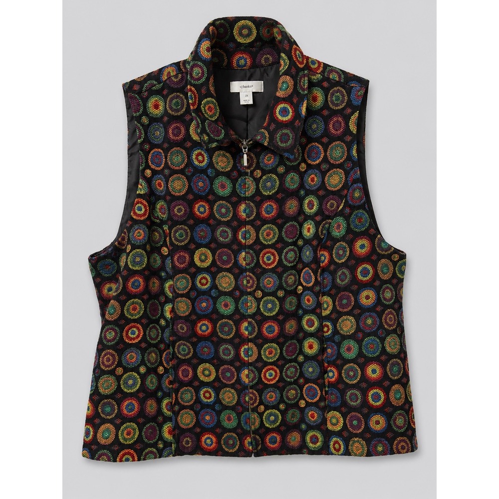 Artsy Boho Mosaic Circle Zip Vest -Wearable Art- Eclectic Women's Plus -Size 2X